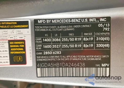 2013 Mercedes-Benz Ml 350 4Matic z USA, uszkodzony, nr VIN 4JGDA5HB1DA246438